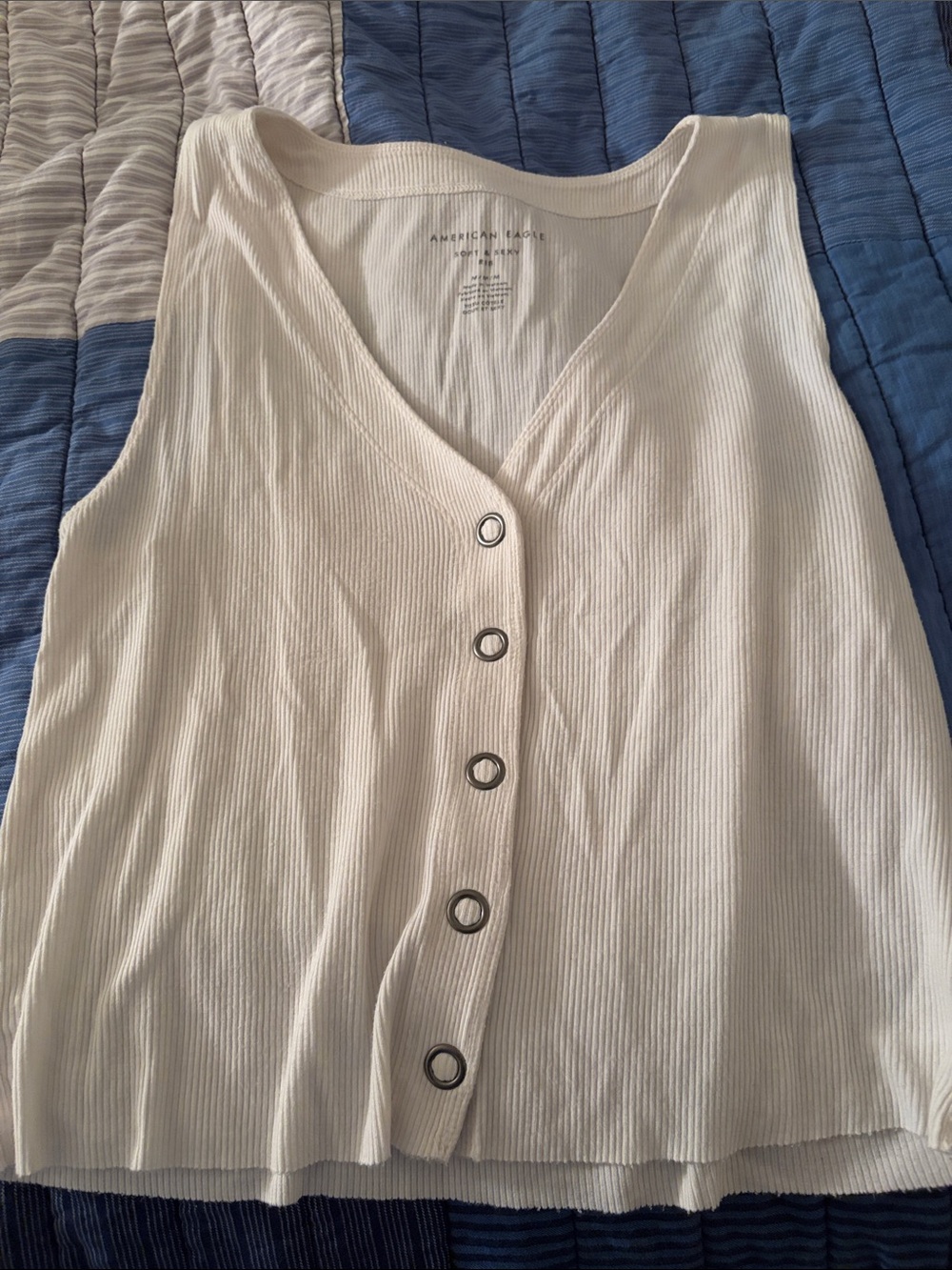 American Eagle Outfitters White Ribbed Button-Front Tank Medium